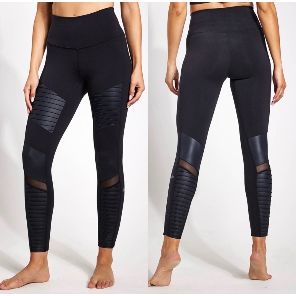 Alo Yoga Moto Leggings Womens Medium Black High Waist Mesh Panel